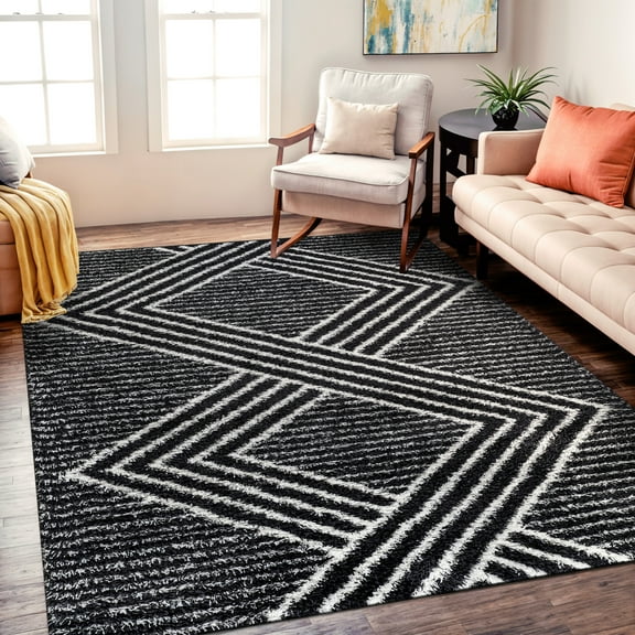 World Rug Gallery Abstract Geometric Shag Rug – Anthracite Dark Gray – Medium Pile Rug – Kid & Pet Friendly - ANTHRACITE 5'x7'