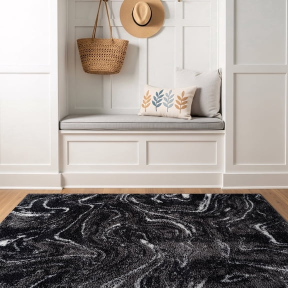 World Rug Gallery Abstract Marble Shag Rug – Anthracite Dark Gray – Plush Medium Pile, Durable with Jute Backing - ANTHRACITE 4'x6'
