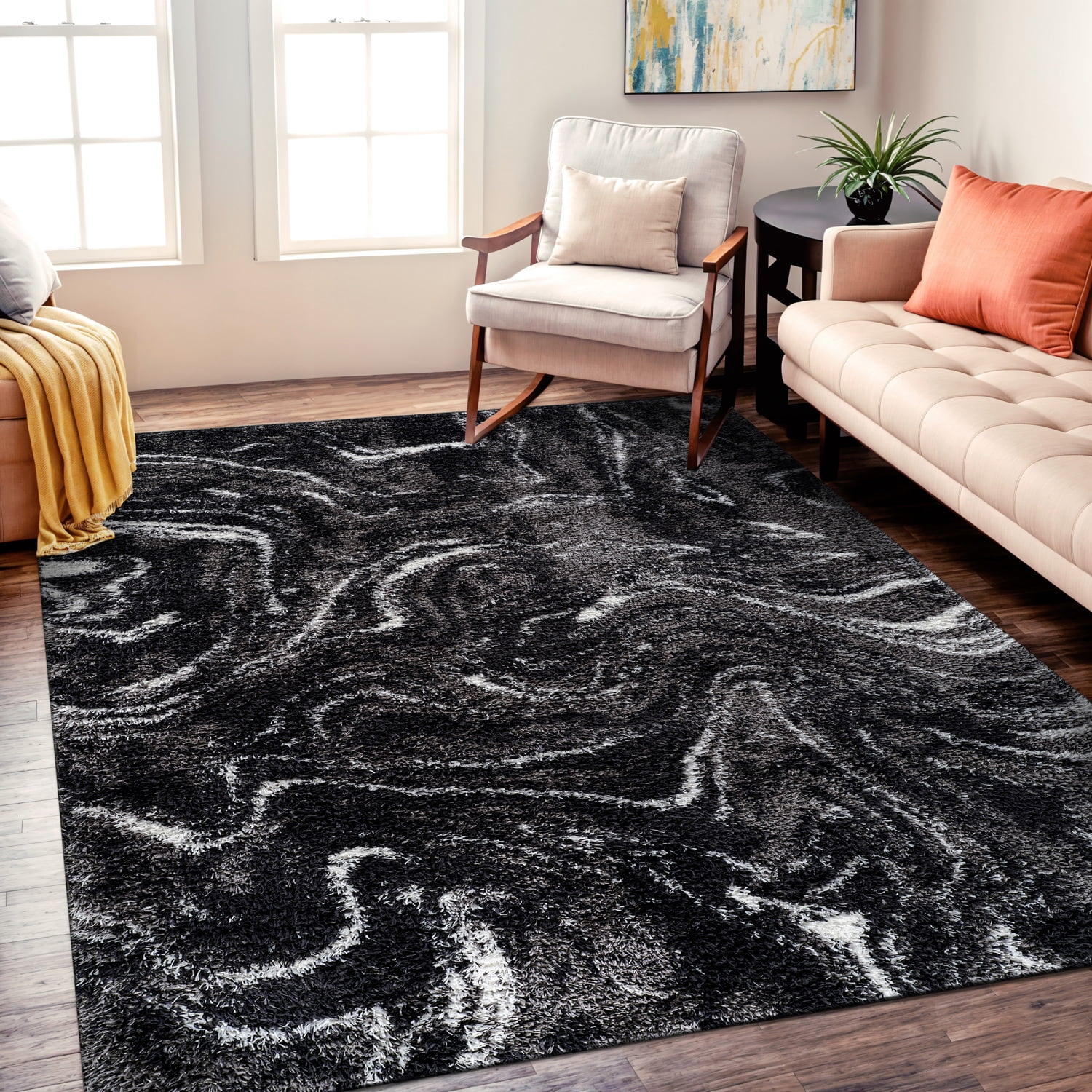 Shagg Rug Back World Rug Gallery Abstract Marble Shag Rug – Anthracite Dark Gray ...