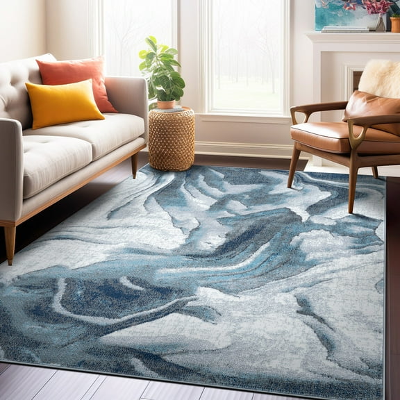 World Rug Gallery Abstract Wave Contemporary Area Rug - Blue 5'x7'