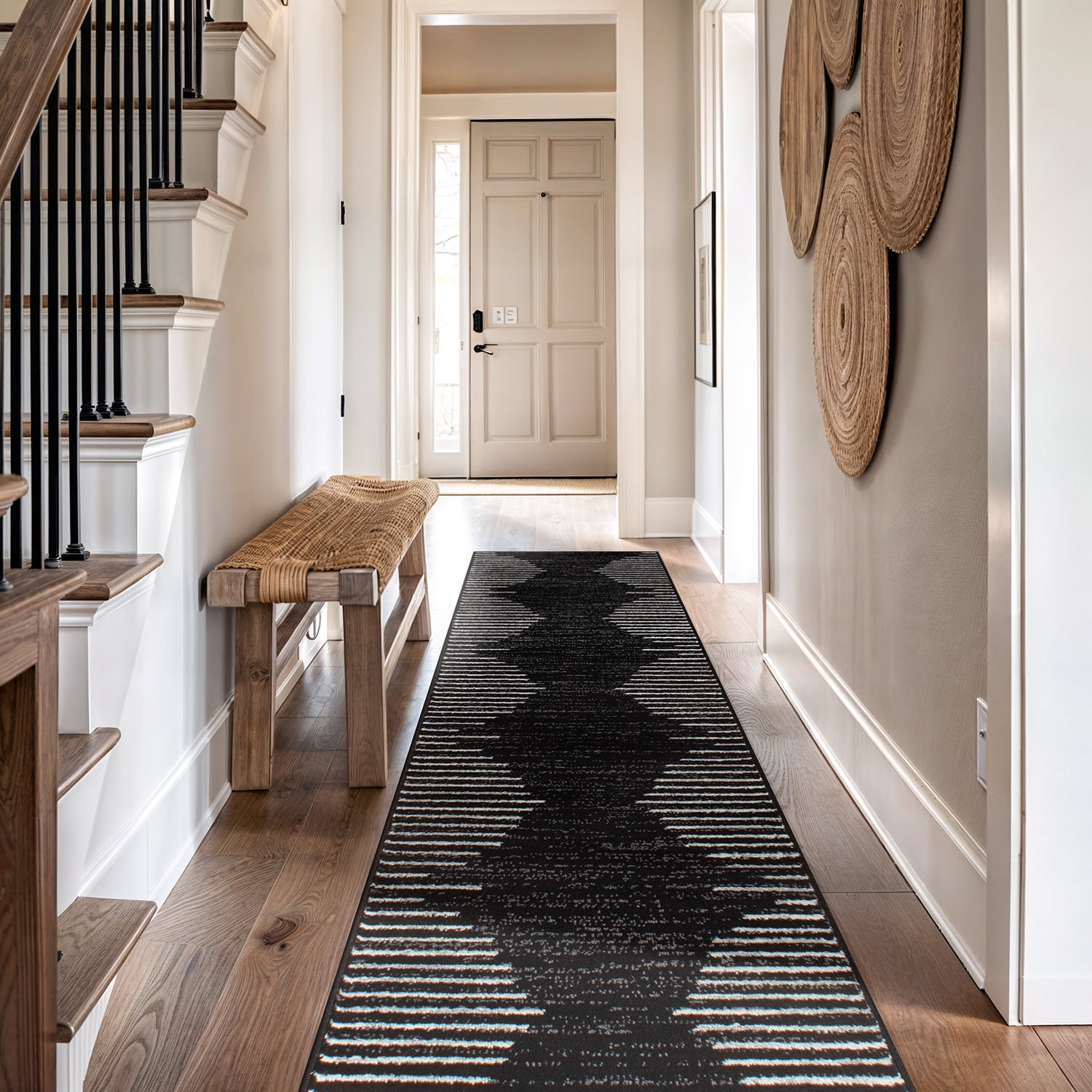 Black and White Synthetic Stripe Runner Rug, 2'7" x 12'
