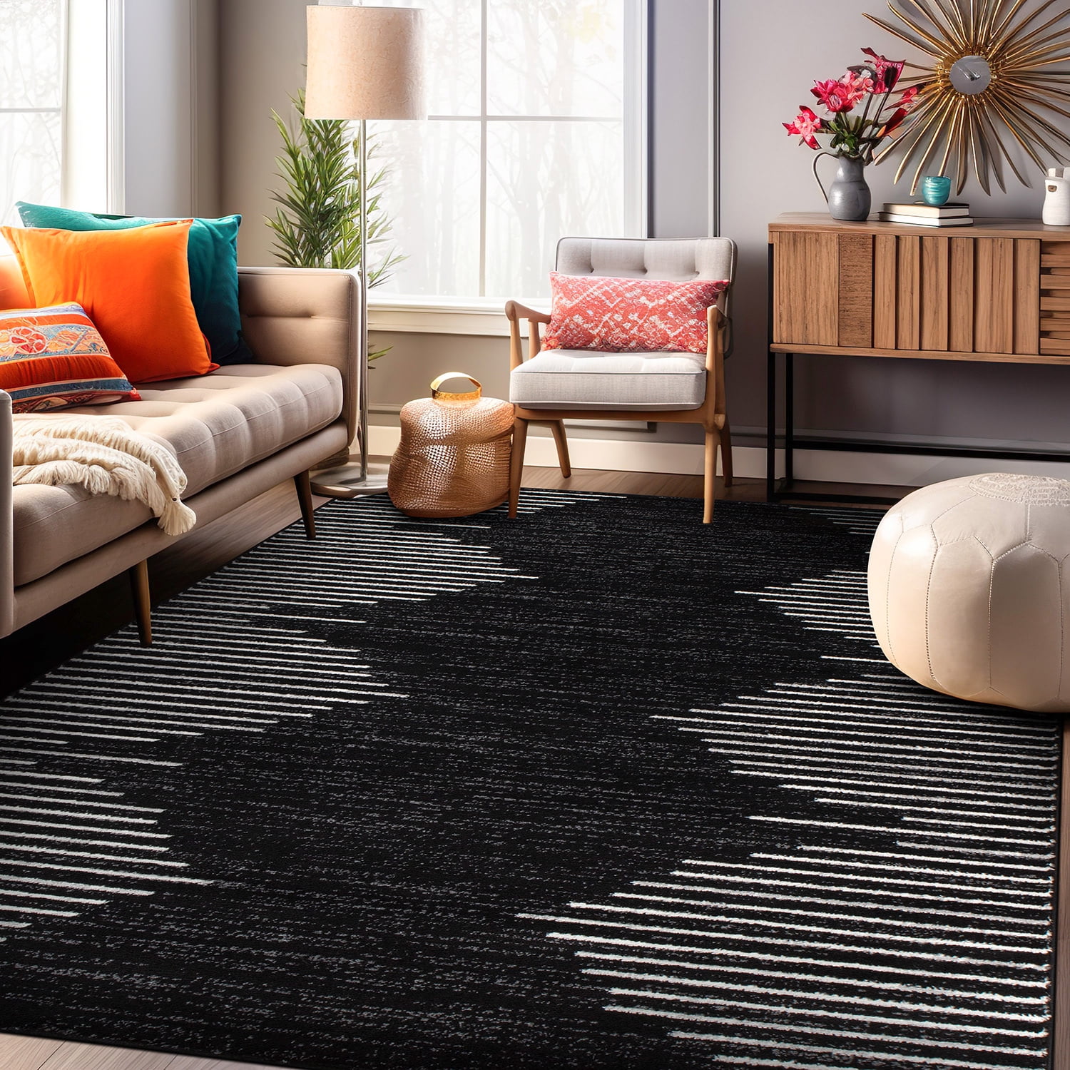Black and White Geometric Stripe Synthetic Area Rug 3'x5'