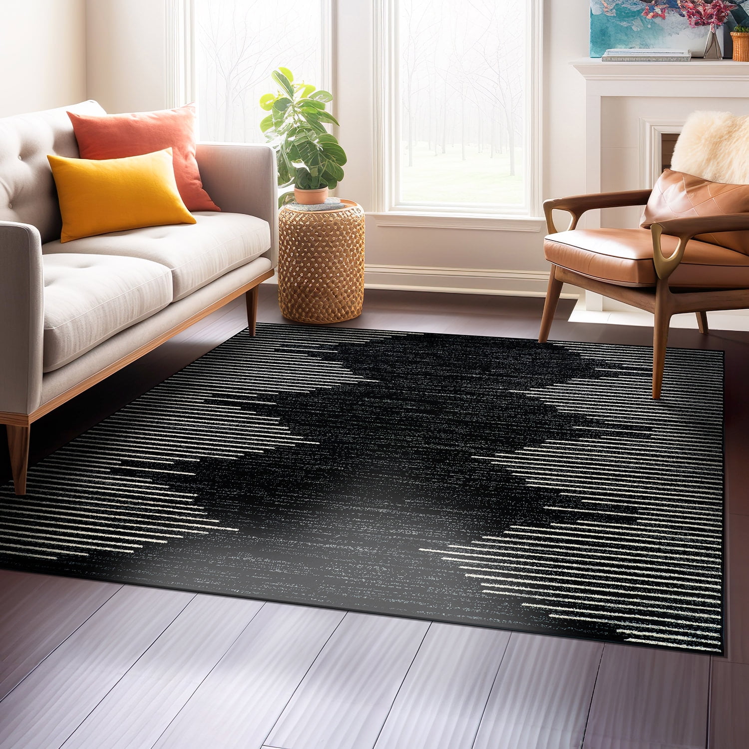 Black and White Synthetic Square Bohemian Stripe Area Rug