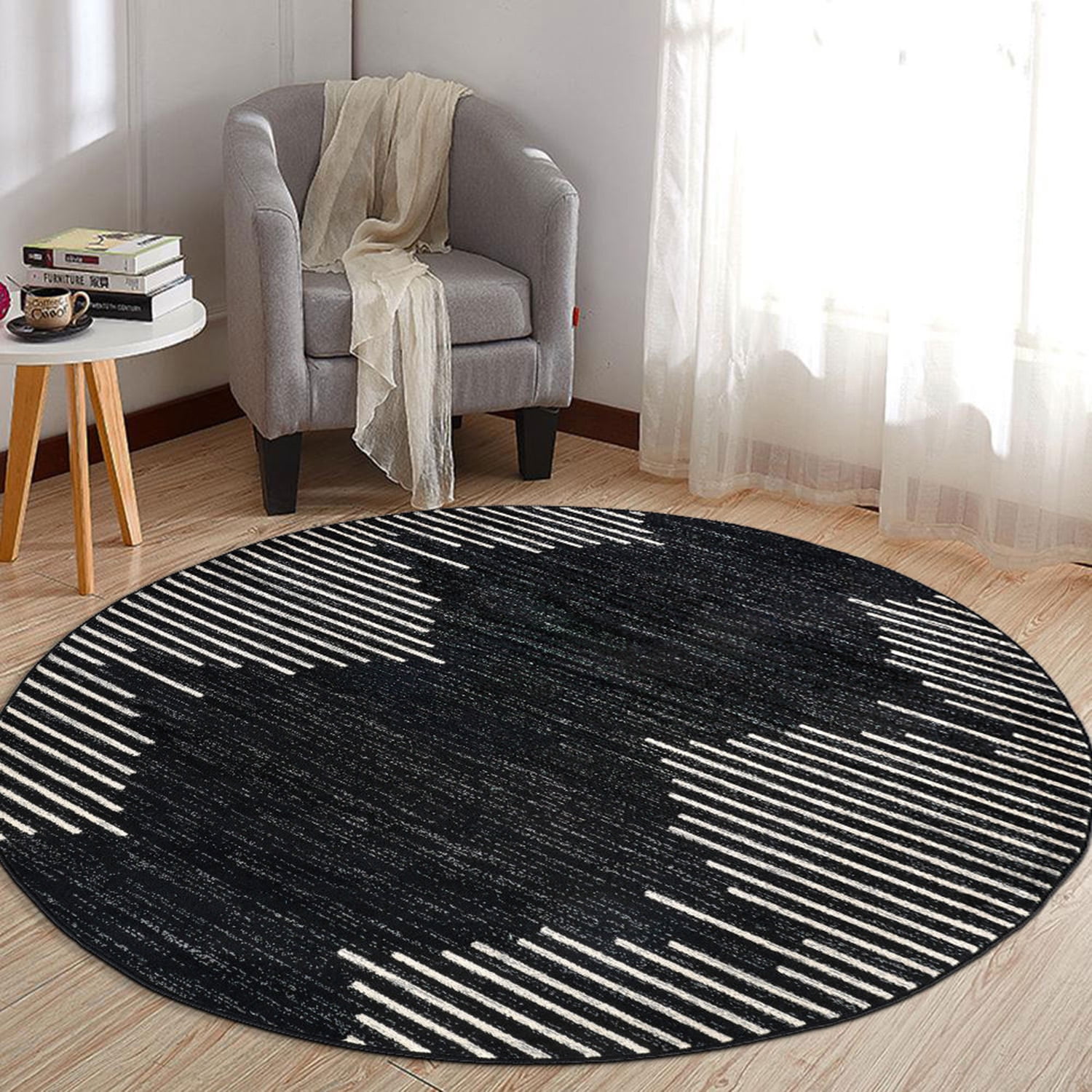 6' Round Black and White Polypropylene Stripe Area Rug