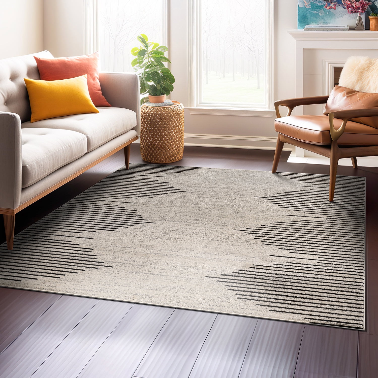Cream and Black Synthetic Square Stripe Area Rug, 6'6" x 6'6"