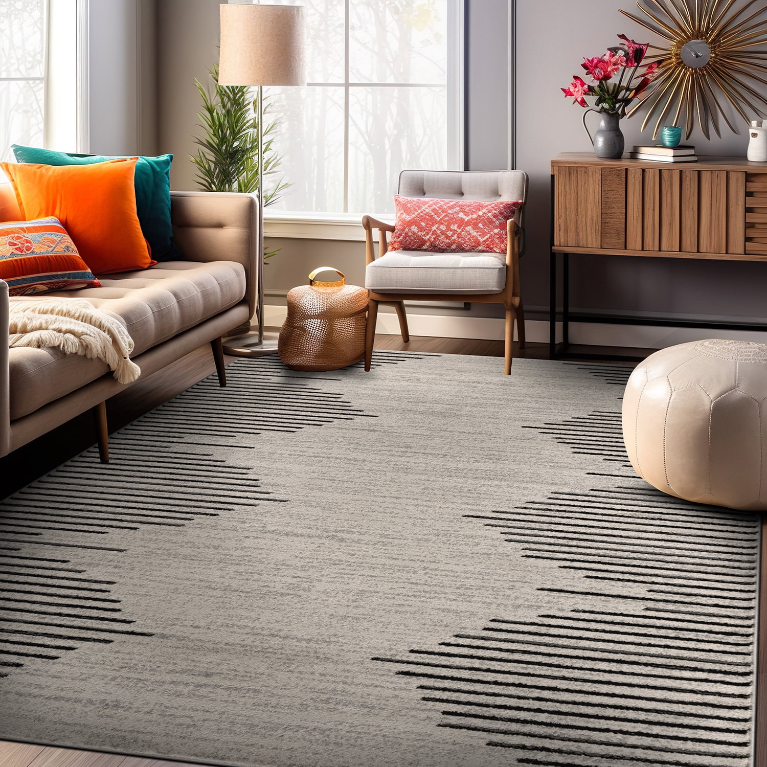 Cream and Black Geometric Stripe Synthetic Area Rug, 8' x 12'