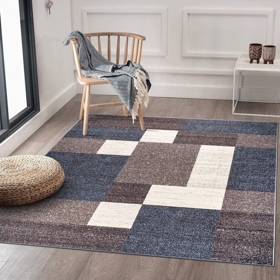 World Rug Gallery Avora Modern Boxes Design Non-Slip Area Rug - Blue 6'6"x6'6"