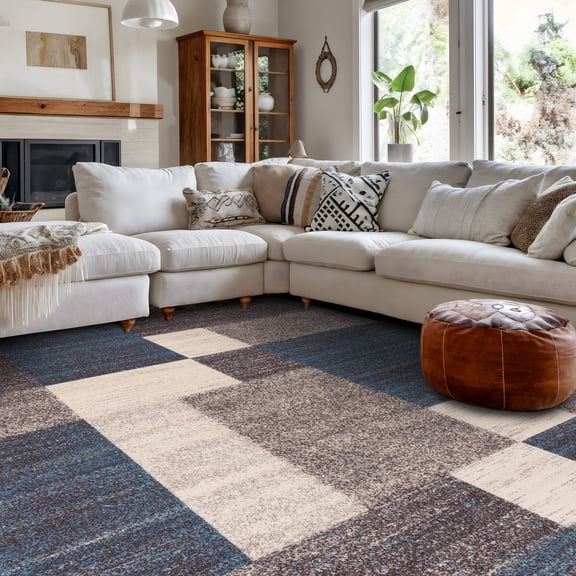 World Rug Gallery Avora Modern Boxes Design Non-Slip Blue 5'3" x 7'3" Indoor Area Rug