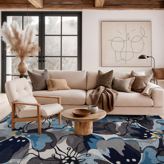 World Rug Gallery Avora Modern Floral Non-Slip (Non-skid) Indoor Area Rug - Gray 5'3" x 7'3"
