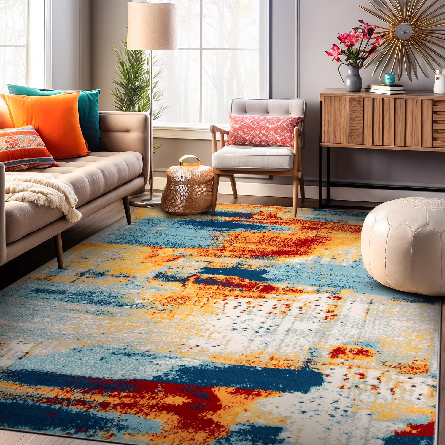 Large Blue and Orange Abstract Synthetic Area Rug