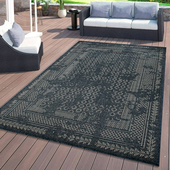 World Rug Gallery Bohemian Border Indoor/Outdoor Area Rug - Blue 5' x 7'