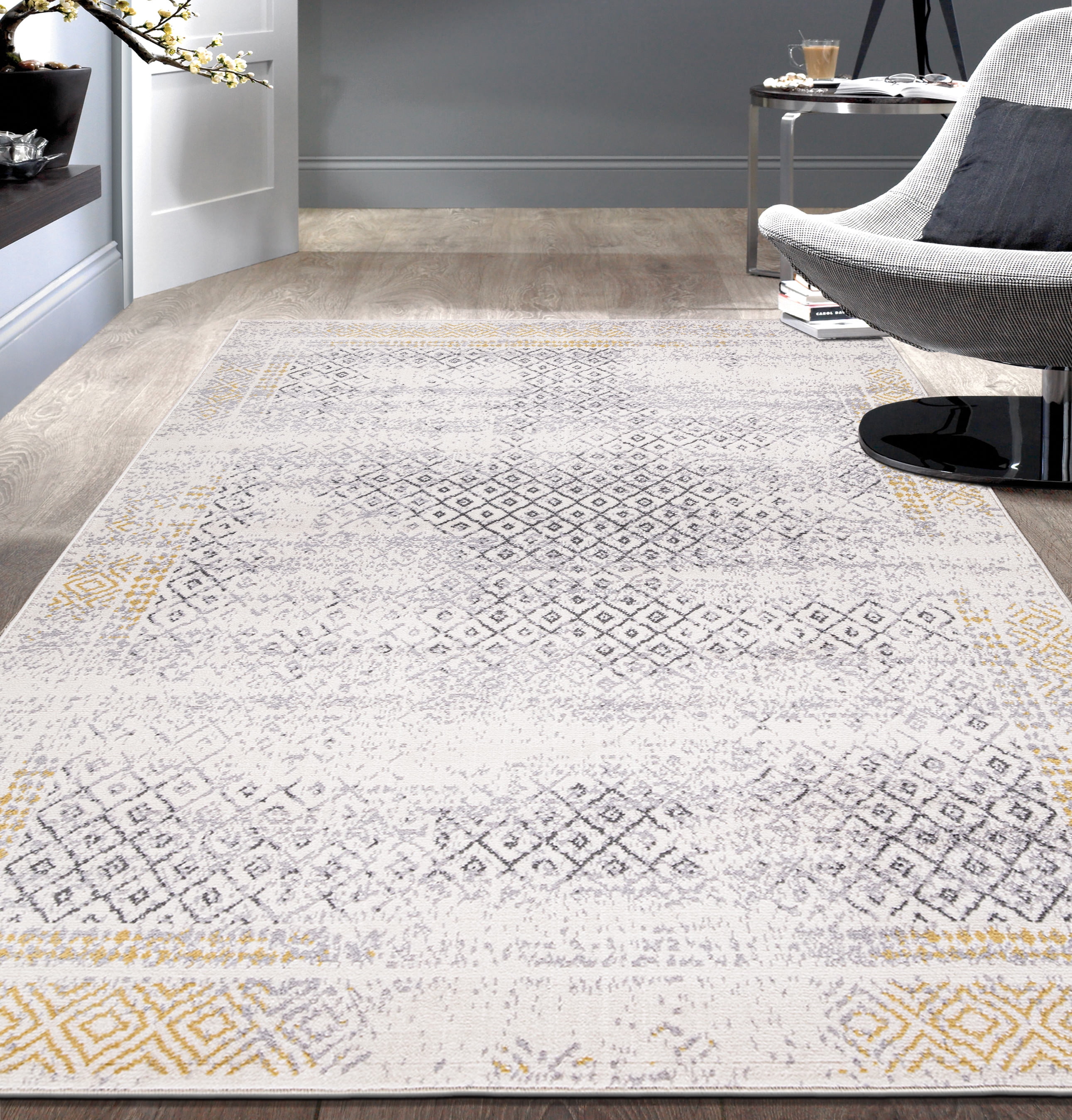 Yellow and Gray Geometric Oriental 5' x 7' Area Rug