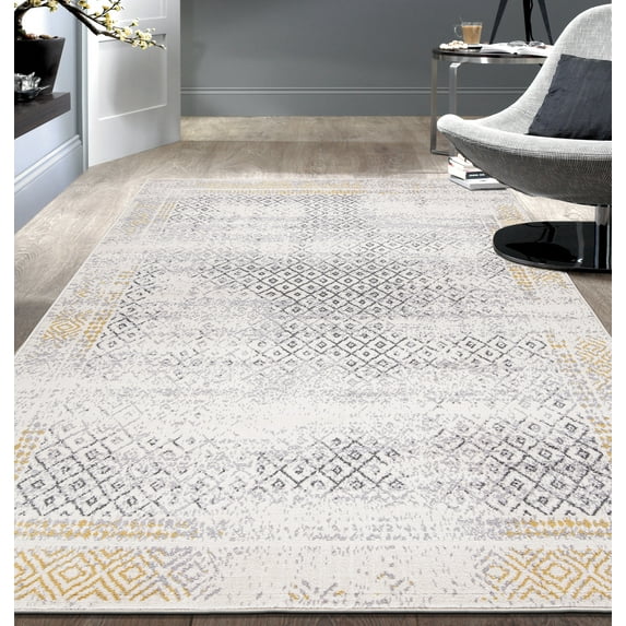 World Rug Gallery Bohemian Geometric Area Rug Yellow 5'x7' 5' x 8',8' Runner Indoor Living Room,Kitchen,Bedroom Grey,Ivory Rectangle
