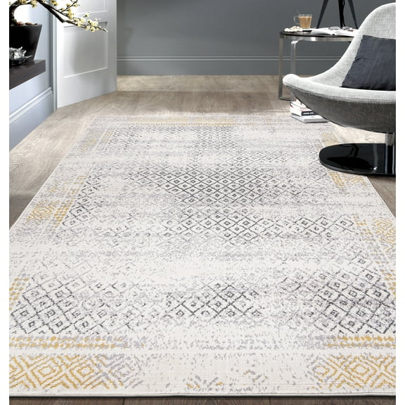 World Rug Gallery  Bohemian Geometric Area Rug Yellow 5'x7' 5' x 8',8' Runner Indoor Living Room,Kitchen,Bedroom Grey,Ivory Rectangle