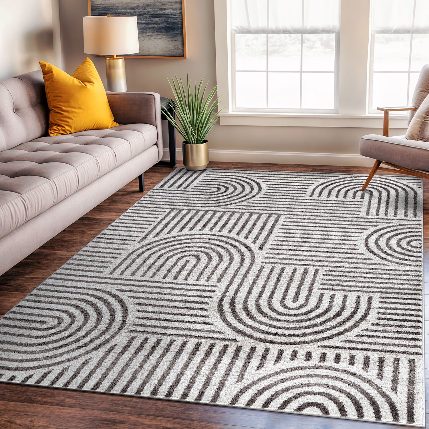 Modern Geometric Brown and Ivory Synthetic Area Rug 7'10" x 10'