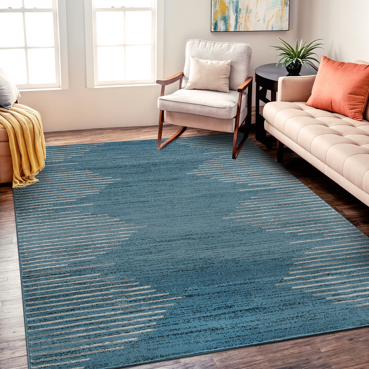 Blue and Beige Synthetic Stripe Rectangular Area Rug 8' x 10'
