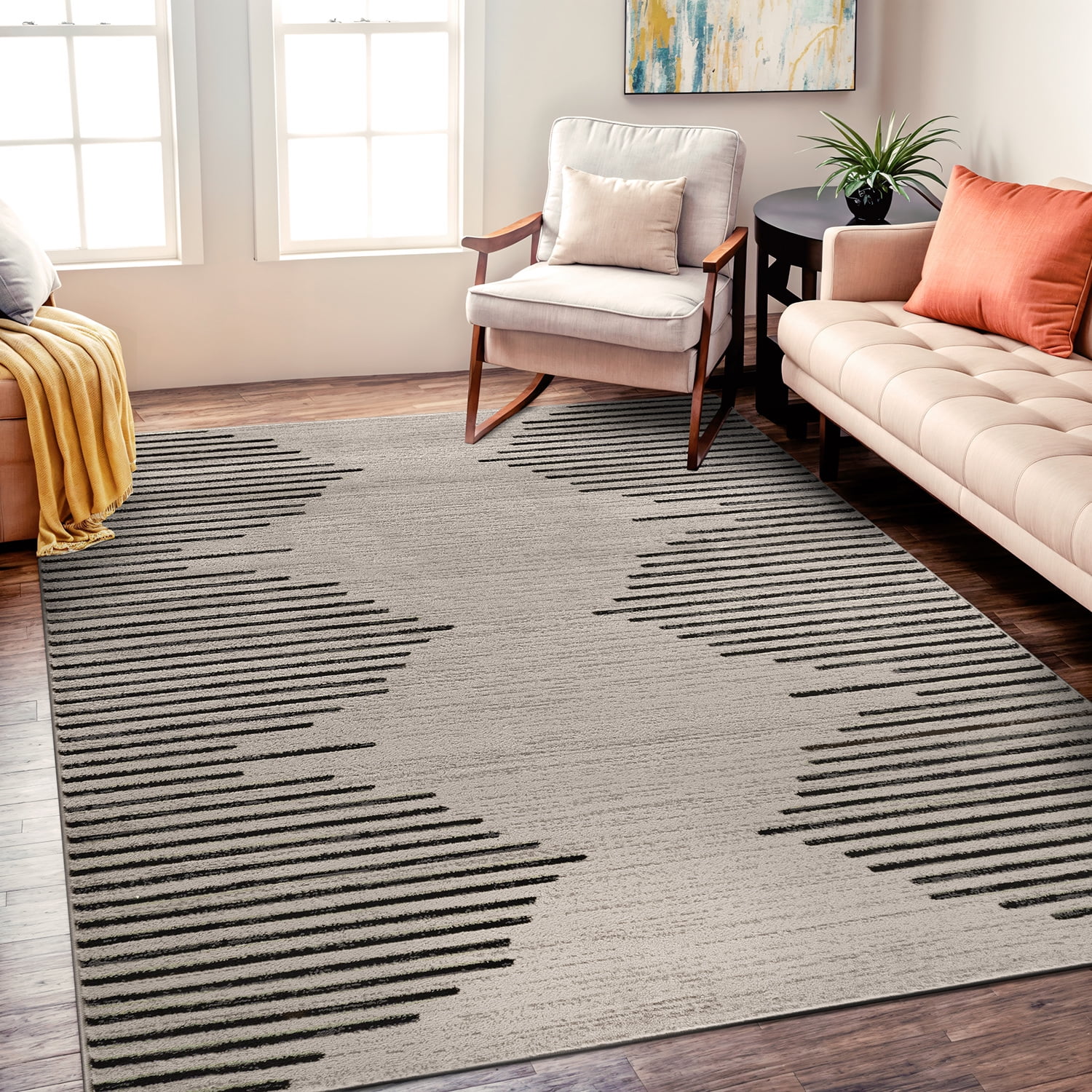 Cream and Black Synthetic Flat Woven 5' x 7' Area Rug