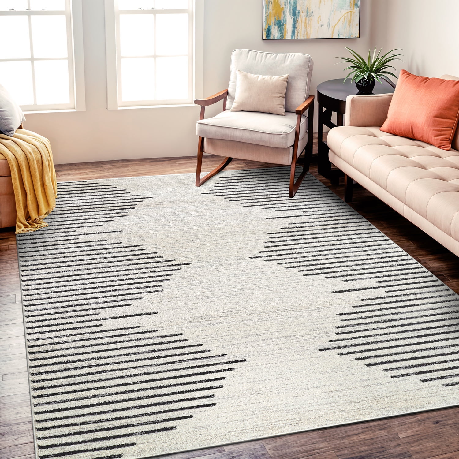 Cream and Black Geometric Stripe Synthetic Area Rug 7'10" x 10'