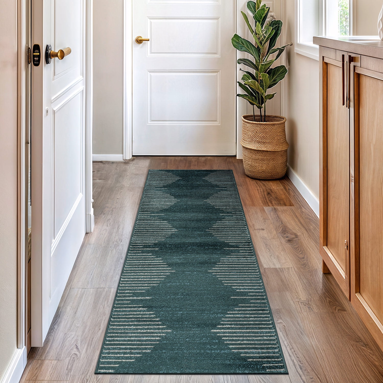 Teal and White Synthetic Stripe Runner Rug 2' x 7'