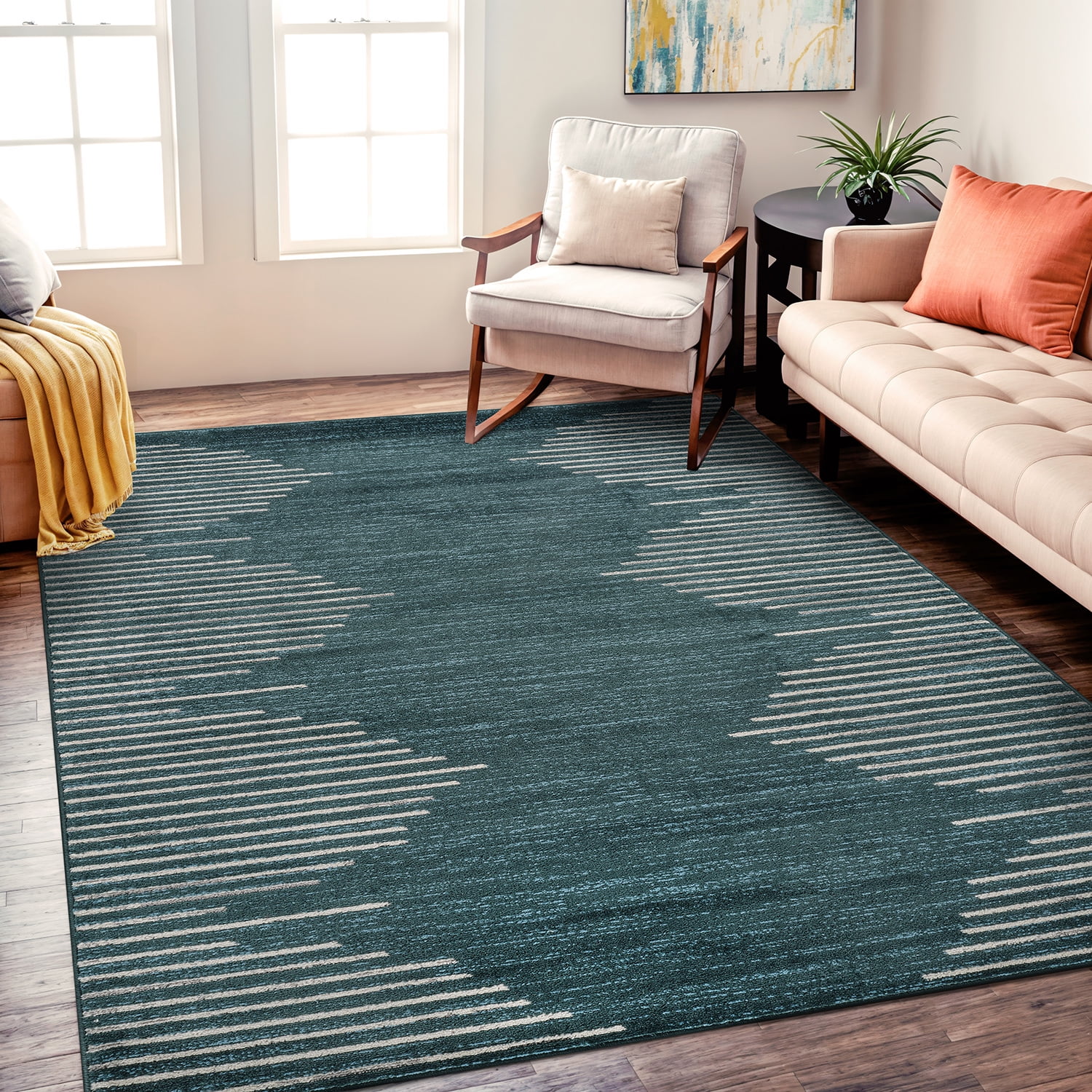 Teal and White Stripe Synthetic 5' x 7' Area Rug