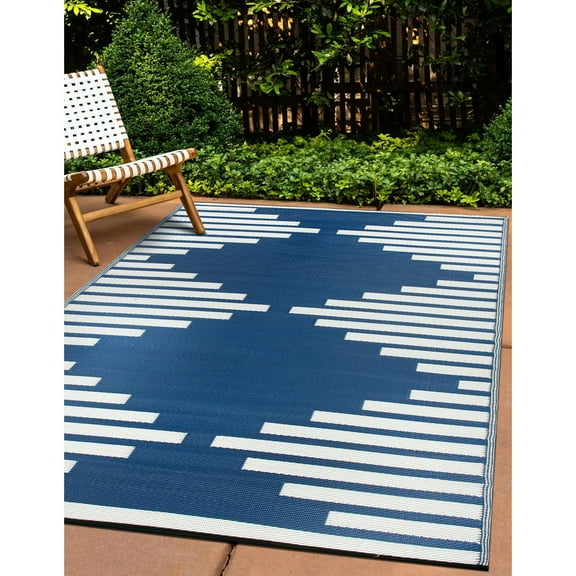 World Rug Gallery Bohemian Stripe Diamond Reversible Recycled Plastic Outdoor Picnic Mat, Camping Rug, RV Rug - NAVY 3'3"x5'