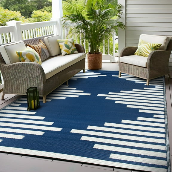World Rug Gallery Bohemian Stripe Diamond Reversible Recycled Plastic Outdoor Picnic Mat, Camping Rug, RV Rug - NAVY 5'x7'