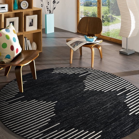 World Rug Gallery Bohemian Stripe Indoor Round Rug, Low Pile, Black, 8'