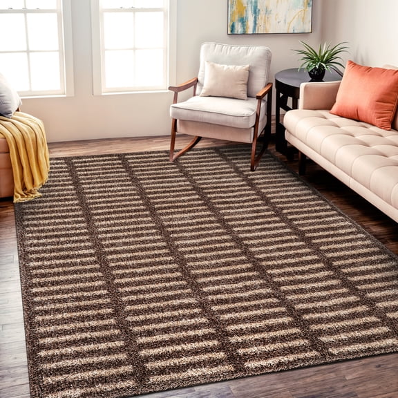 World Rug Gallery Bohemian Stripe Lines Shag Rug – Beige – Plush Medium Pile, Great for Living Room, Bedroom, or Entryway - BEIGE 5'x7'