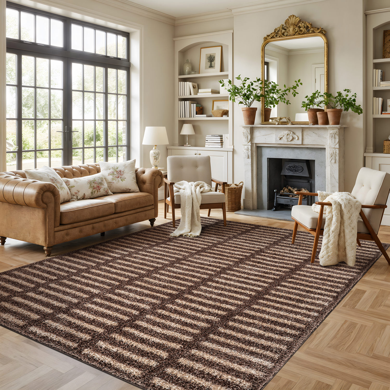 World Rug Gallery Bohemian Stripe Lines Shag Rug – Beige – Plush Medium ...