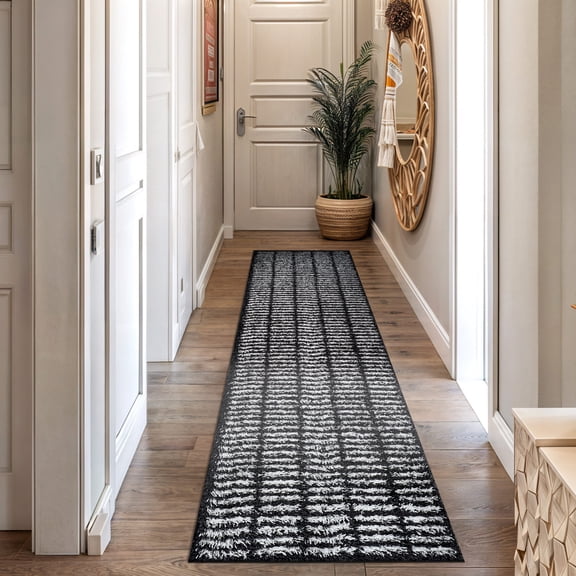 World Rug Gallery Bohemian Stripe Lines Shag Rug – Textured Surface – Anthracite Dark Gray – Easy to Clean - ANTHRACITE 2'3"x8'