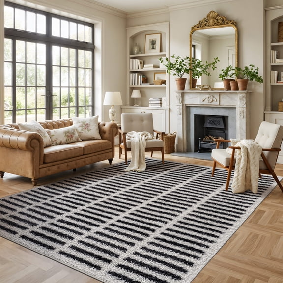 World Rug Gallery Bohemian Stripe Lines Shag Rug – White – Easy to Clean, Medium Pile – Perfect for Living Room, Bedroom, or Entryway - WHITE 7'10"x10'