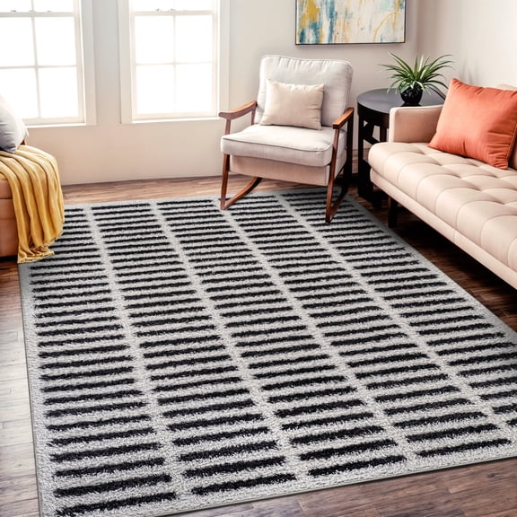 World Rug Gallery Bohemian Stripe Lines Shag Rug – White – Easy to Clean, Medium Pile – Perfect for Living Room, Bedroom, or Entryway - WHITE 5'x7'