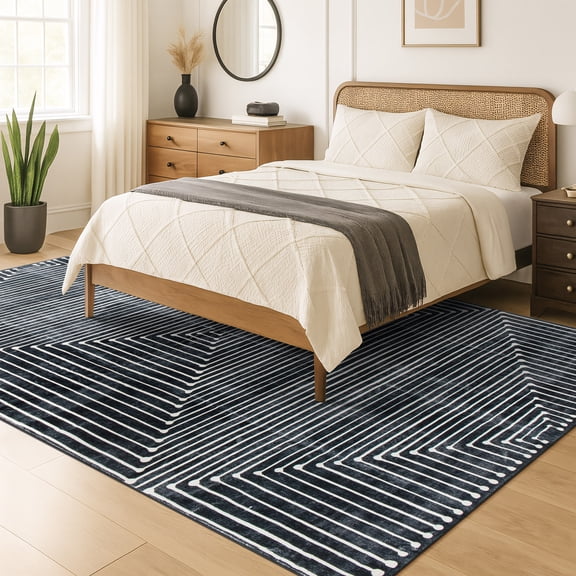 World Rug Gallery Bohemian Striped Machine Washable Non-Slip Area Rug, Black, 9'x12'