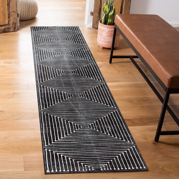 World Rug Gallery Bohemian Striped Machine Washable Non-Slip Runner Rug, Black, 2'x6'