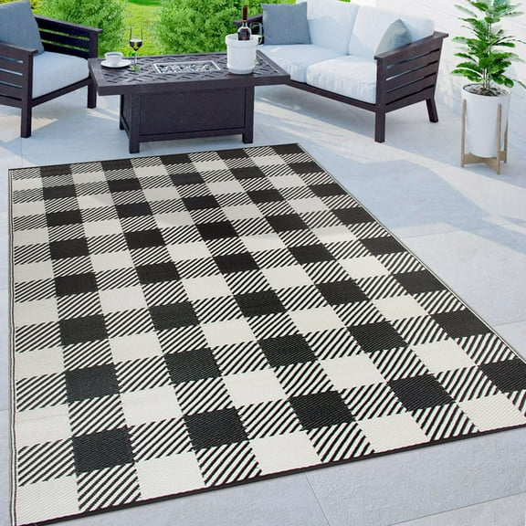 World Rug Gallery Buffalo Plaid Reversible Plastic Indoor and Outdoor Picnic Mat, Camping Rug, RV Rug - BLACK 7'10"X10'