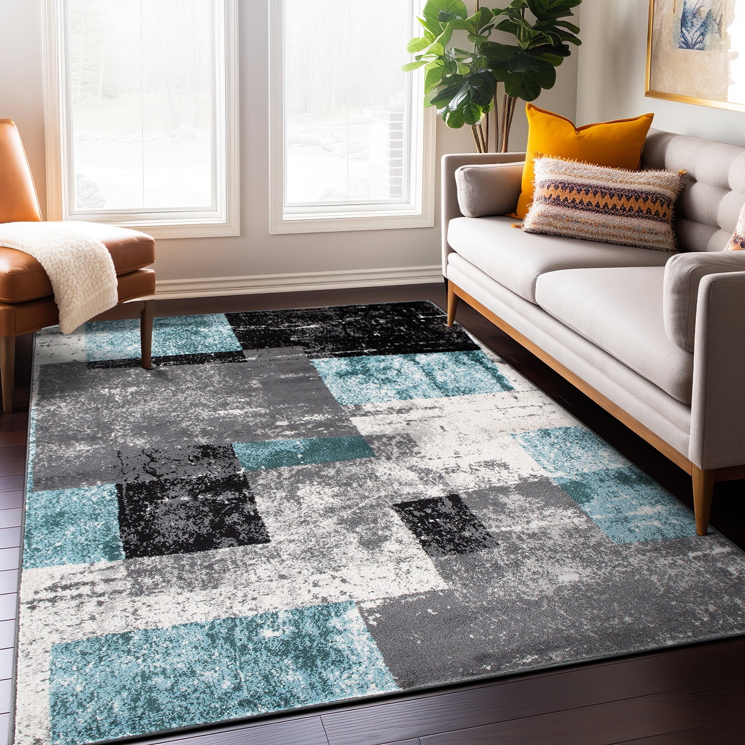 Blue and Gray Synthetic Reversible Geometric 5' x 7' Area Rug