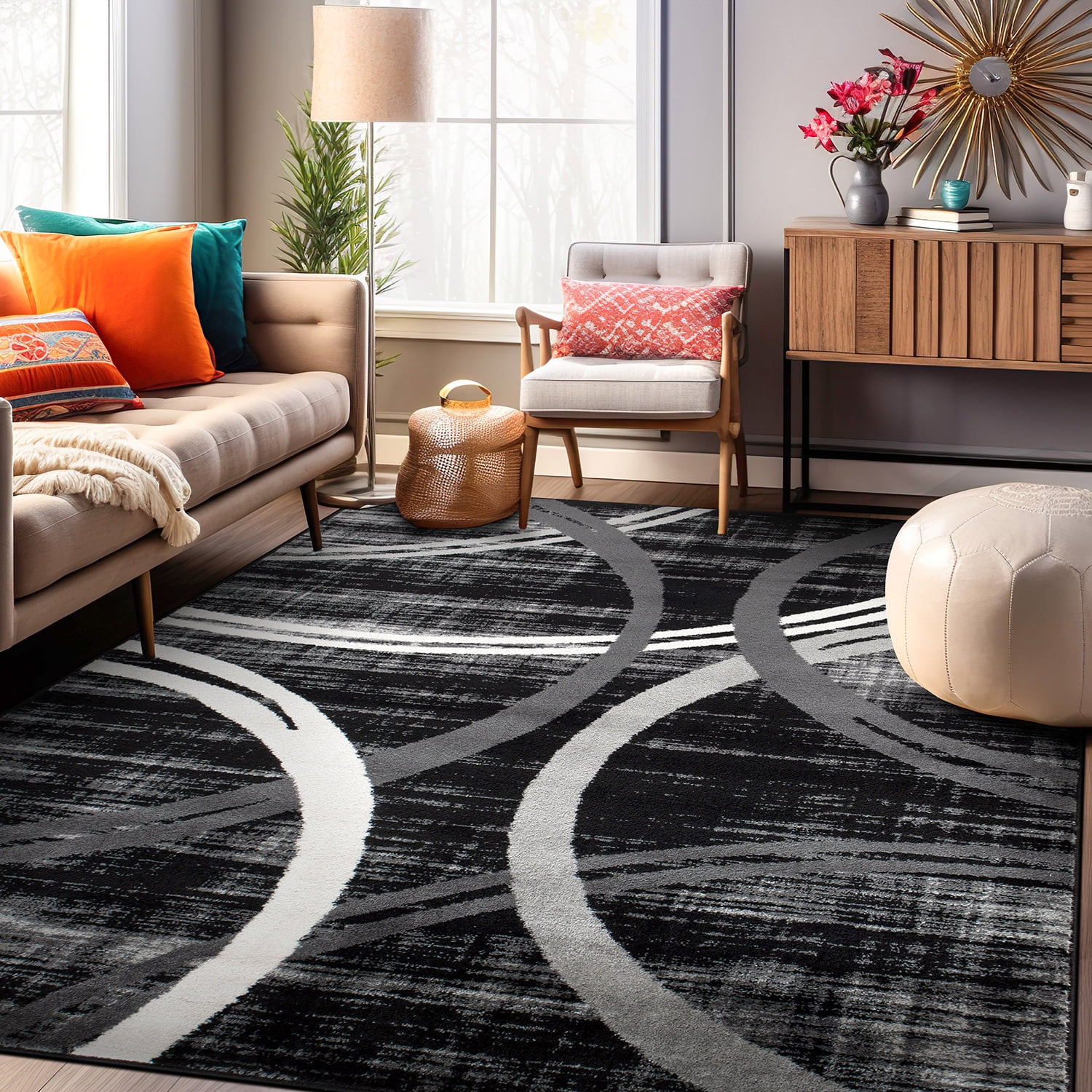 Modern Black and Gray Abstract Oval Area Rug, 5' x 7'