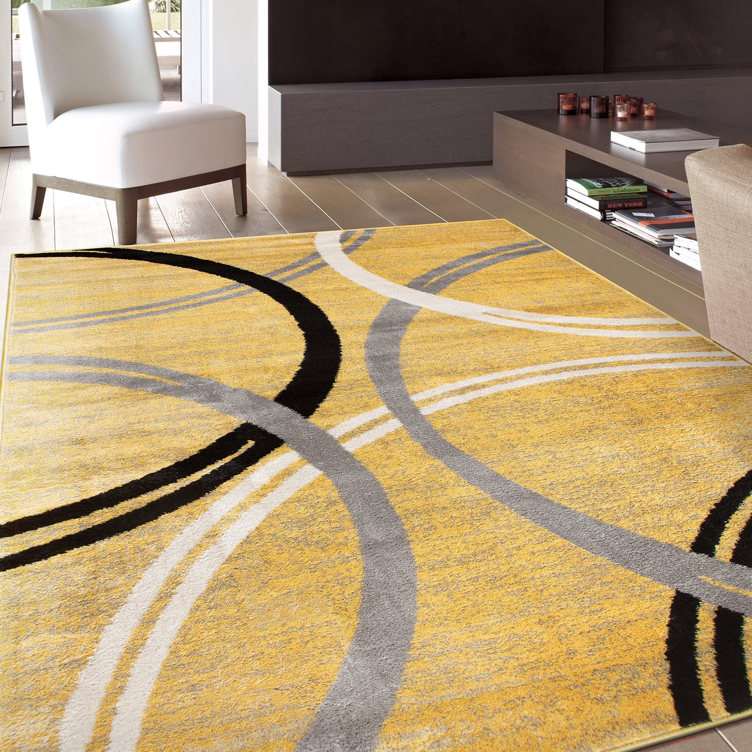 Yellow and Gray Abstract Circles 8' x 10' Synthetic Area Rug