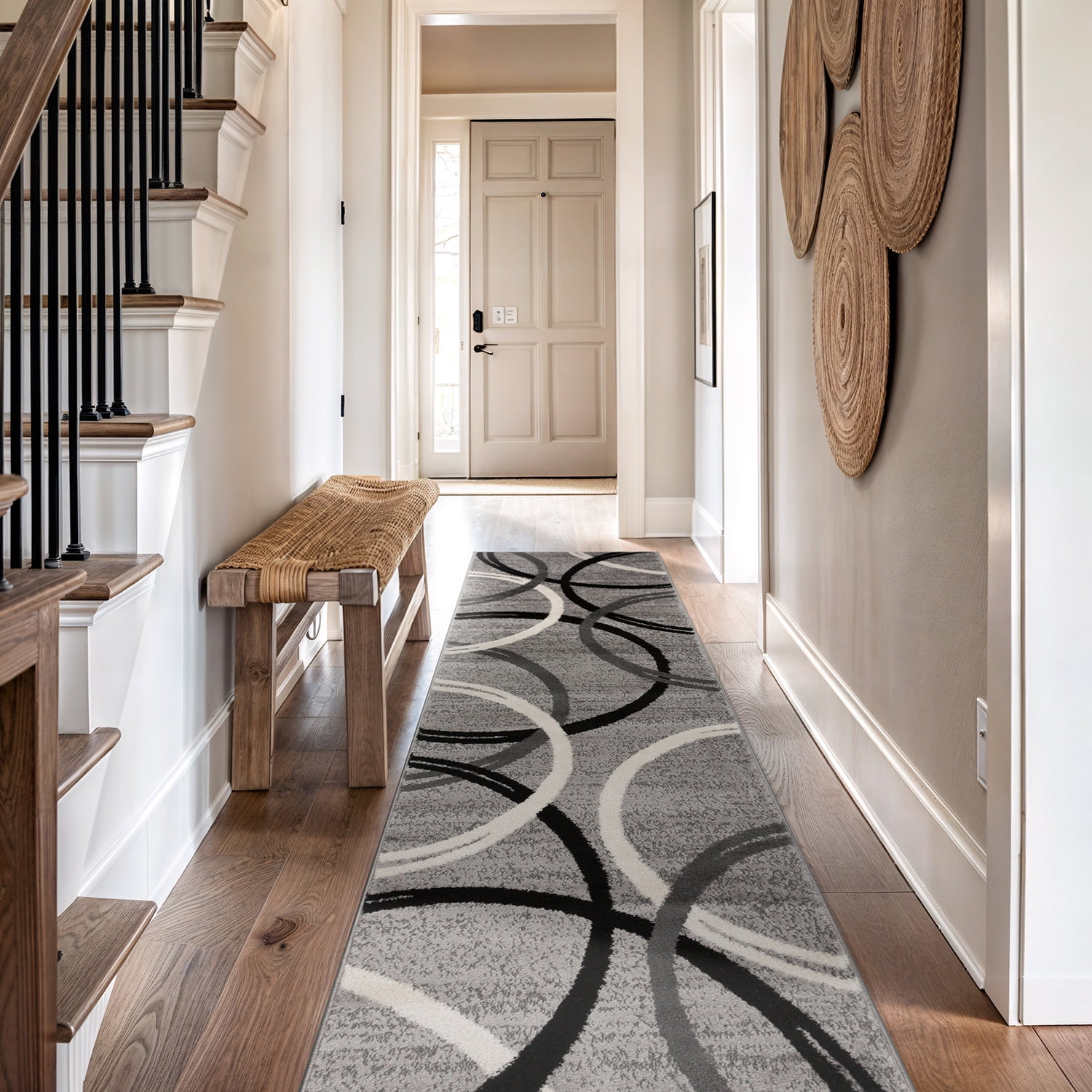 Gray Abstract Circles Design Synthetic Runner Rug 2'7" x 10'
