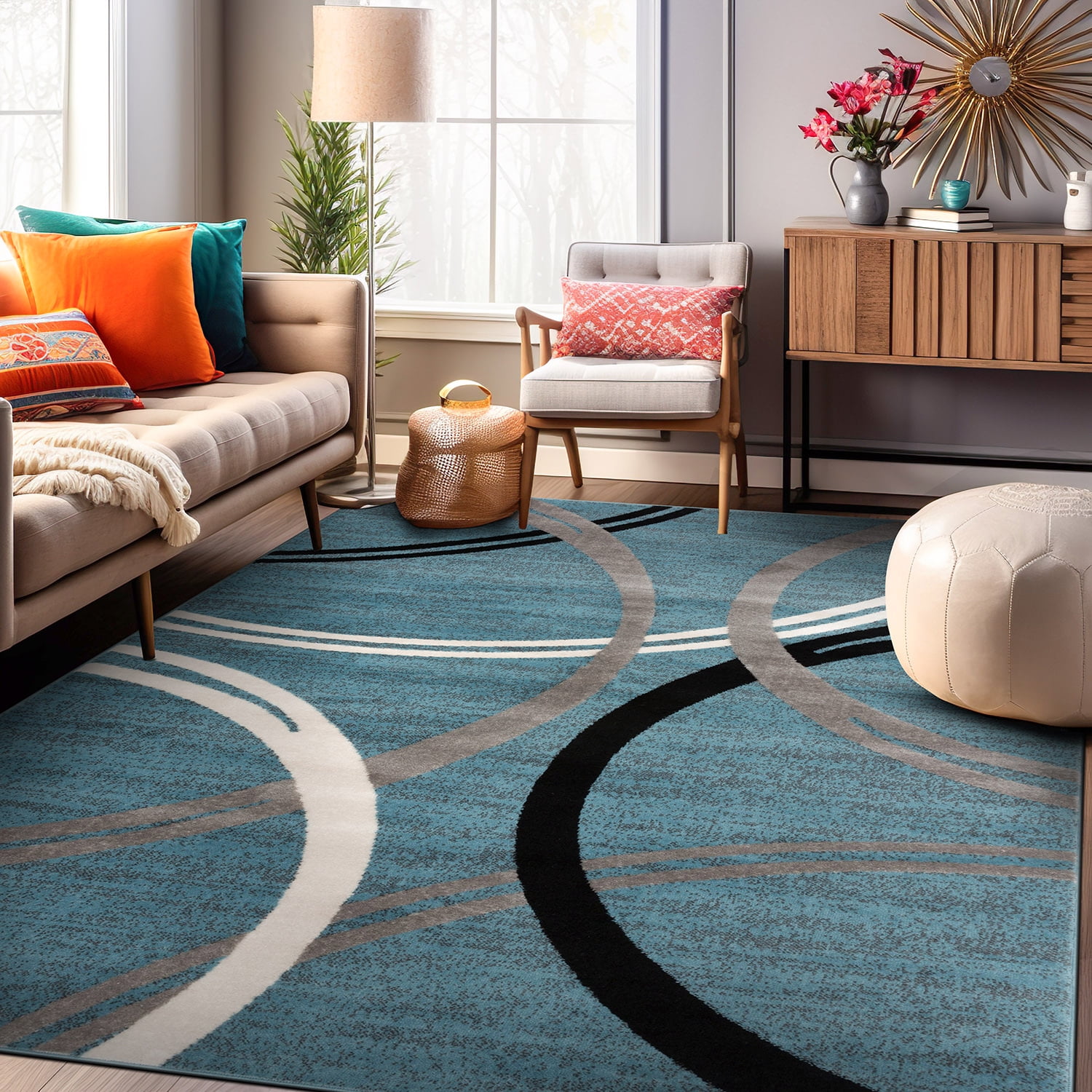 Modern Abstract Waves Blue Polypropylene Area Rug