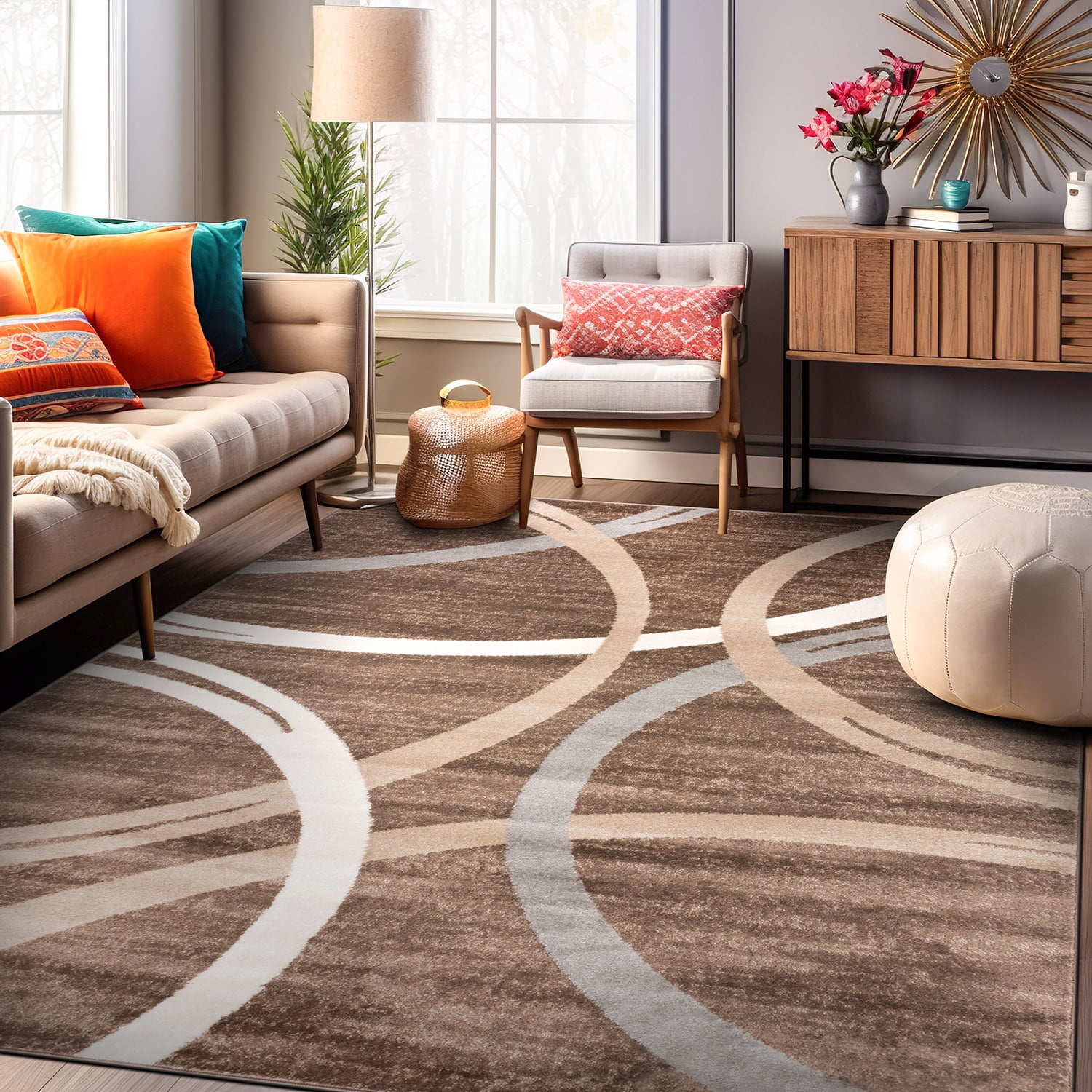 Brown and Beige Abstract Circles Design Area Rug 8'8" x 12'