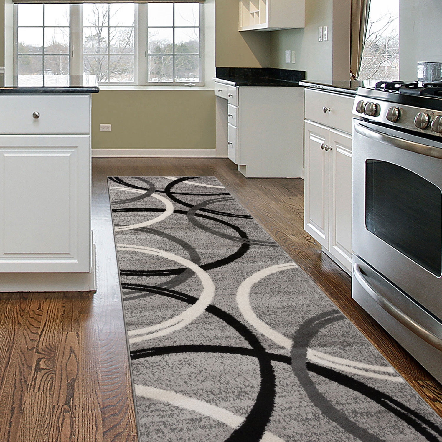 Elegant Gray Abstract Circles 2'x7'2" Synthetic Runner Rug