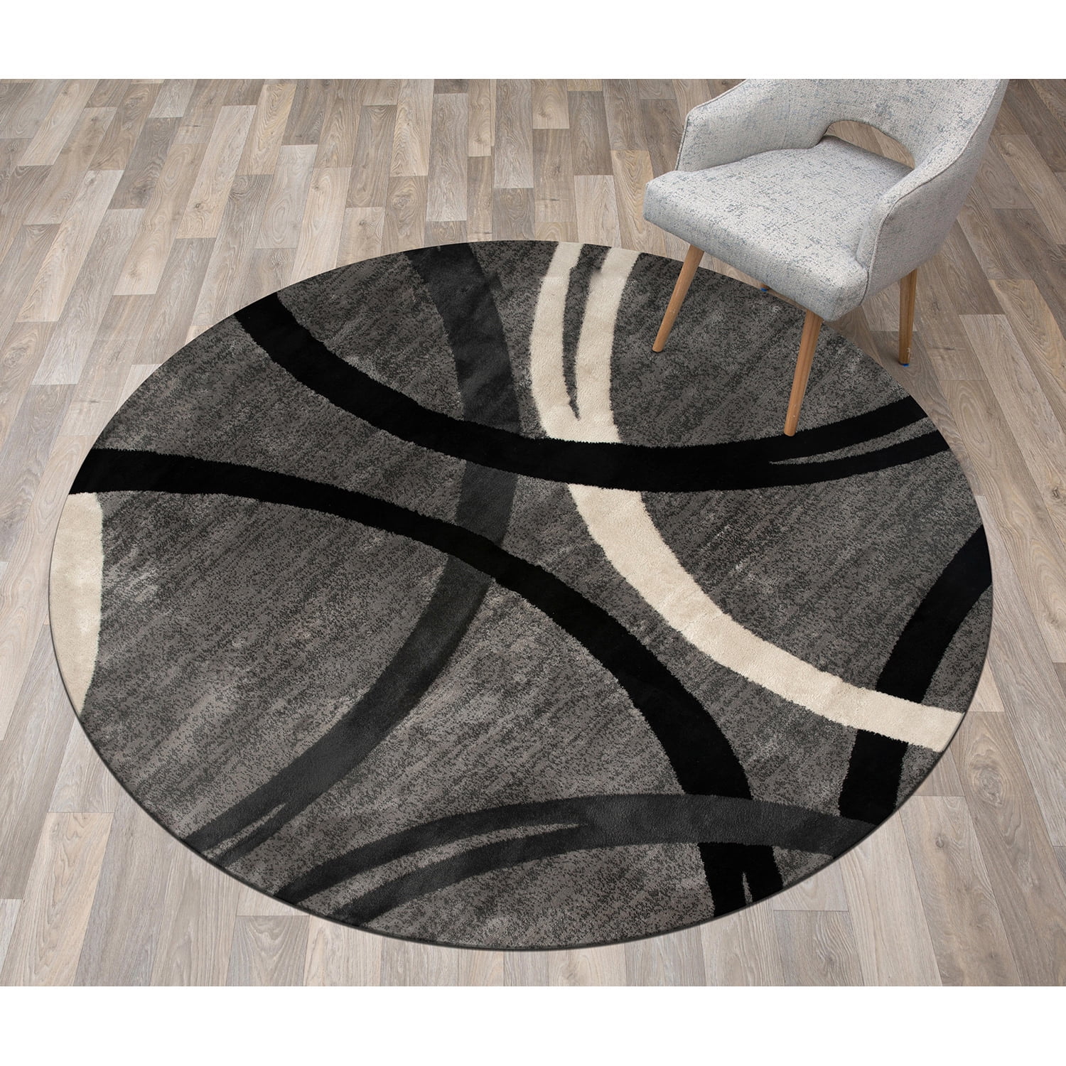 Gray and Black Abstract Circles 6'6" Round Area Rug