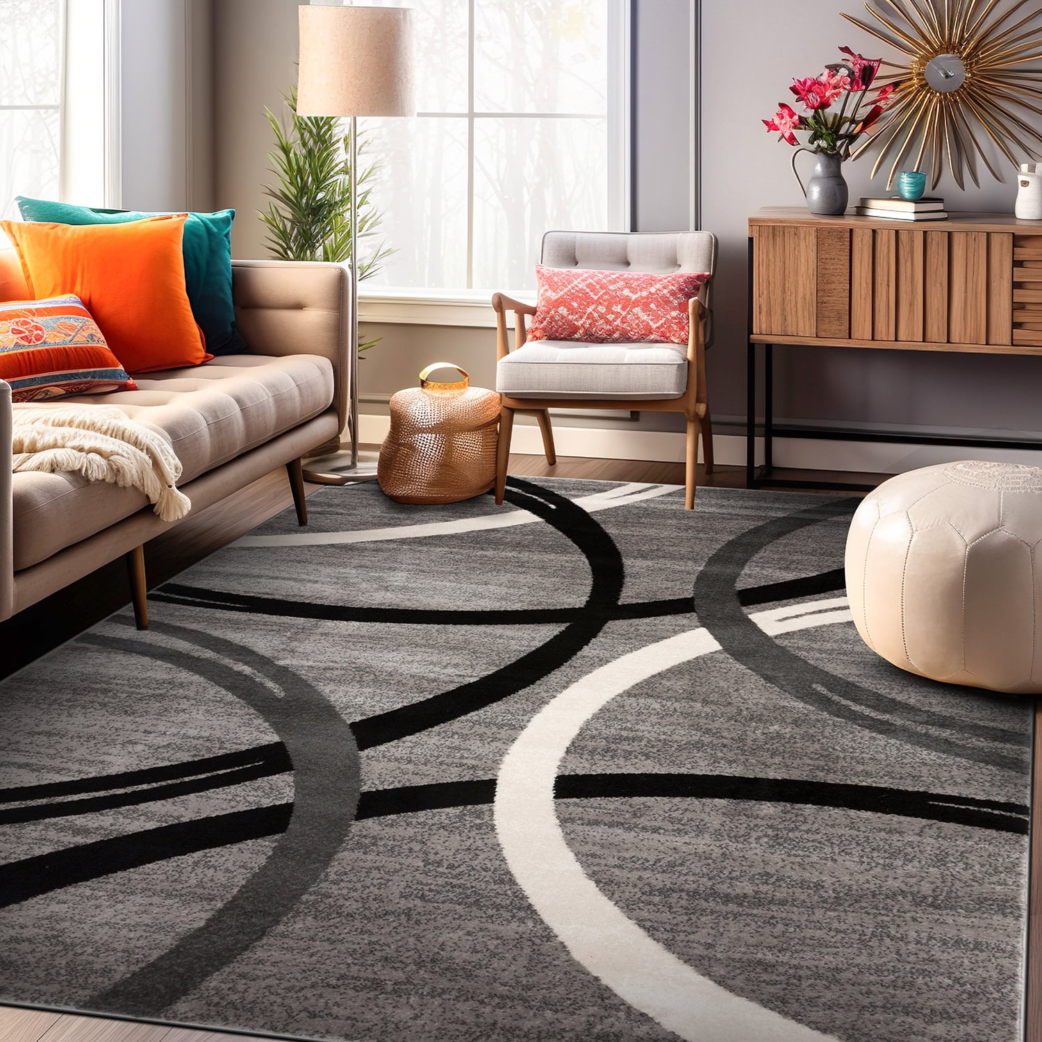 Gray Abstract Circles Design 8'8" x 12' Synthetic Area Rug