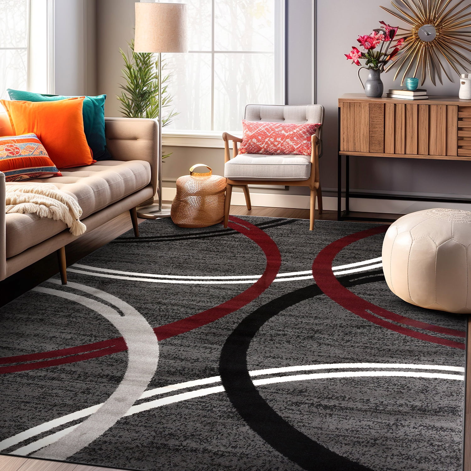 World Rug Gallery Modern Living Room Abstract Circles Design Red Area ...