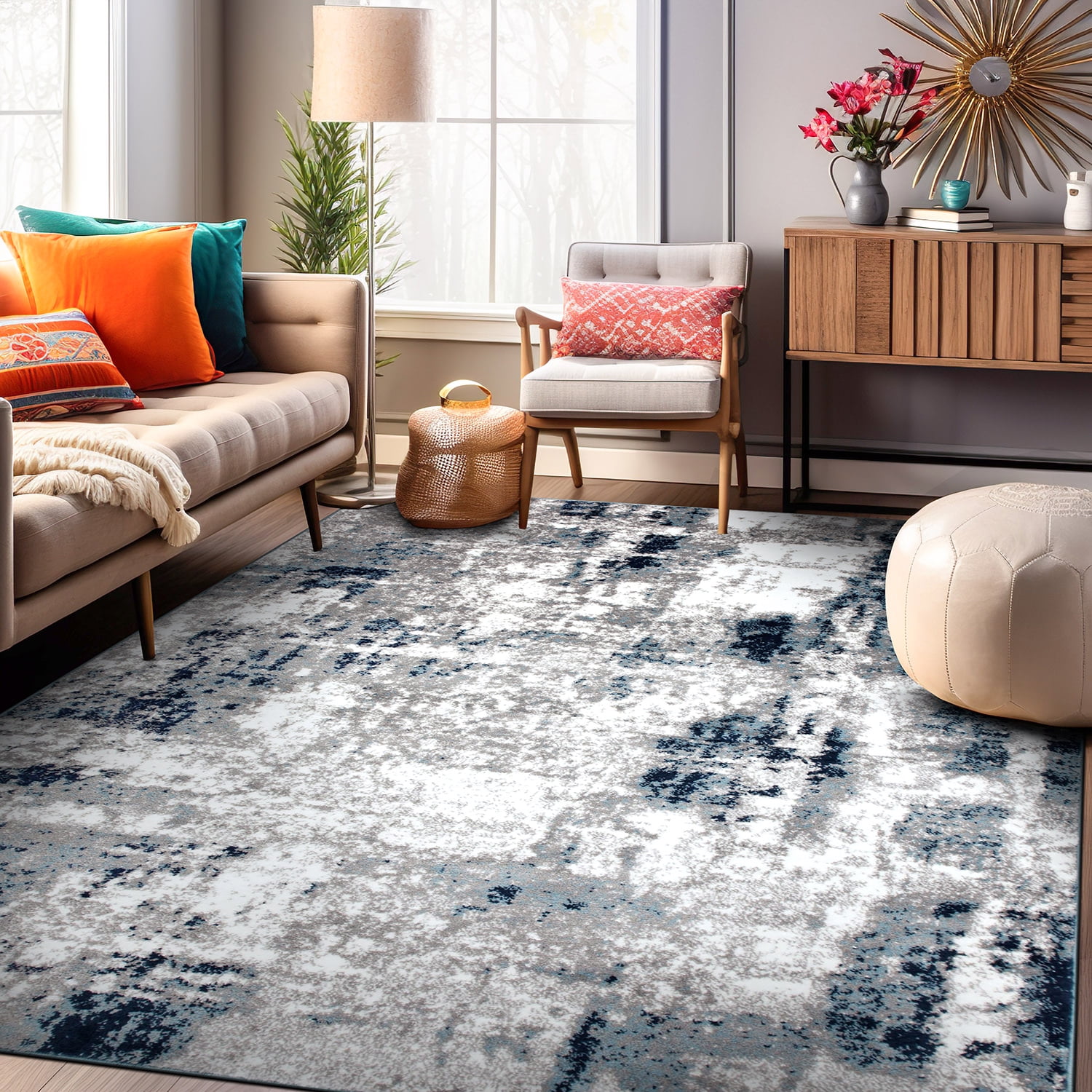 Blue and Gray Abstract 5' x 7' Synthetic Area Rug