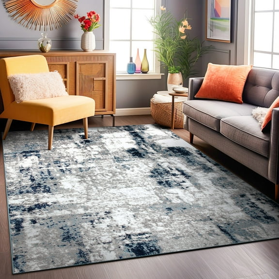 World Rug Gallery Contemporary Abstract Distressed Area Rug - Blue 5' x 7'