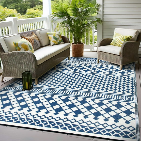 World Rug Gallery Contemporary Bohemian Geometric Reversible Recycled Plastic Outdoor Picnic Mat, Camping Rug, RV Rug - BLUE 7'10"x10'