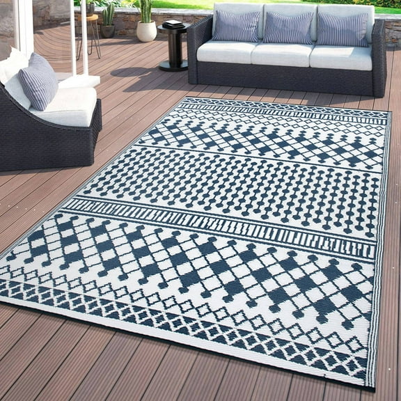 World Rug Gallery Contemporary Bohemian Geometric Reversible Recycled Plastic Outdoor Picnic Mat, Camping Rug, RV Rug - NAVY 7'10"x10'