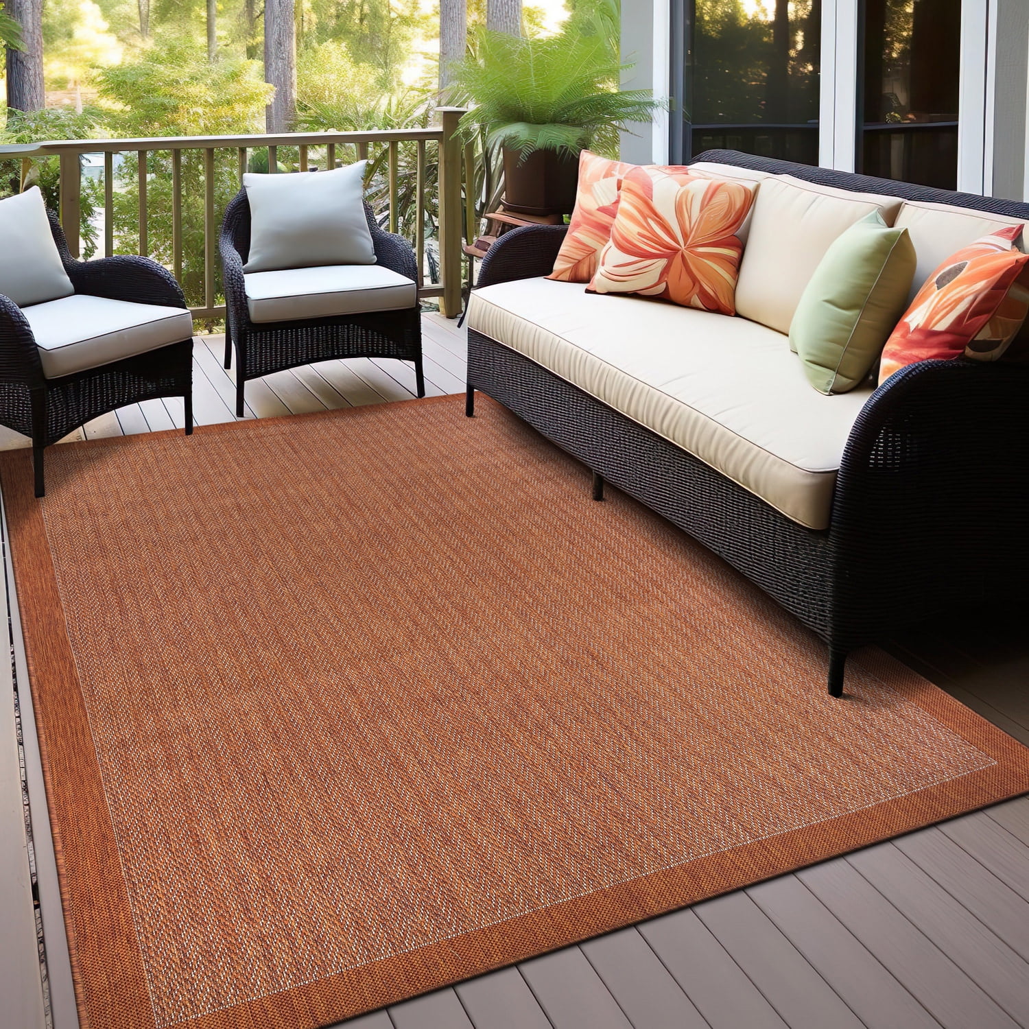 World Rug Gallery Contemporary Bordered Weather Resistant Reversible Indoor/Outdoor Area Rug - RUST 5'x7'